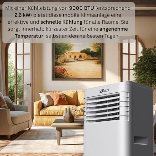 Mobile Klimaanlage 9.000 BTU mit Abluftschlauch & Fensterabdichtung Klimaanlage Mobil 24H Timer - Kühlen Ventilator 300 m³/h Luftentfeuchter 1.2 l/h Mobiles Klimagerät leise mit Fernbedienung – Bild 8