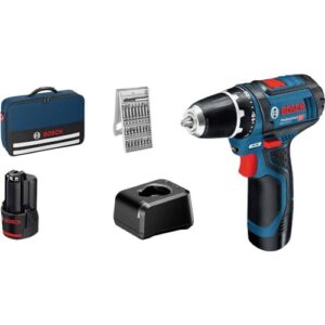 Bosch Professional 12V System Akku Bohrschrauber GSR 12V-15 (inkl. 2x 2.0Ah Akku, Ladegerät GAL 12V-20, 25-tlg.-Bit-Set, Werkzeugtasche)