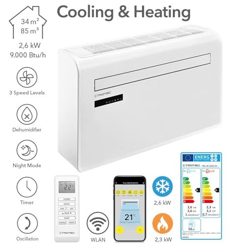 TROTEC Lokales Klimagerät mit Heizfunktion PAC-W 2650 SH mobile Klimaanlage 4-in-1 Kühlung, Beheizung, Ventilation, Entfeuchtung Klimagerät 2,6 kW 9.000 BTU/h für Raumgröße bis 34 m² und 85 m³ – Bild 2