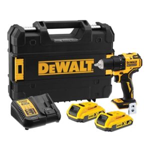 DEWALT18 Volt 2-Gang Akku-Bohrschrauber (bürstenloser Motor, Vollmetallgetriebe,15-stufiges Drehmomentmodul, 13 mm Schnellspann-Bohrfutter, 2x 2 Ah Li-Ion Akkus, Ladegerät, LED-Leuchte), DCD708D2T-QW