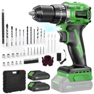 Ginour 21V Bürstenlos Akku Schlagbohrschrauber Set, 2x2Ah Akku, kompatibel mit Makita 18V Akku & Ladegerät, 50 Nm, 2-Gang, 23 3 Stufen, 47-tlg. Zubehör & Koffer, LED, 10mm Bohrmaschine & Akkuschrauber