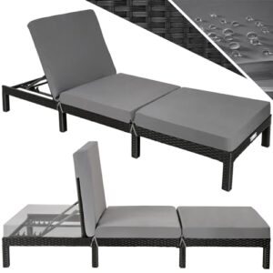 tectake® Polyrattan Sonnenliege mit 6-Fach höhenverstellbarer Rückenlehne, Outdoor Daybed mit bequemer Polsterauflage, Gartenliege Rattan für drinnen und draußen, pflegeleicht und stabil - schwarz