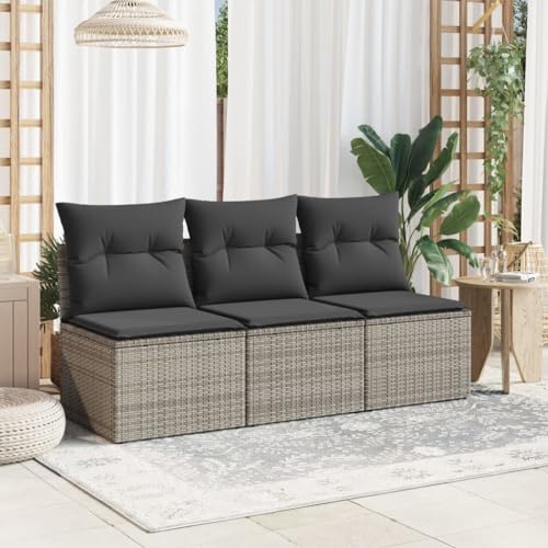 vidaXL Gartensofa mit Kissen 3-Sitzer, Sofa mit Staufach unter Sitzfläche, Terrassensofa mit abnehmbarem waschbarem Bezug, Gartenmöbel Terrassenmöbel, Grau Poly Rattan – Bild 4