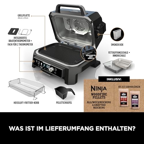Ninja Woodfire Pro Connect XL Elektrischer BBQ Smoker Grill, App-Steuerung, digitaler Temperaturfühler, 7-in-1 Outdoor Grill elektrisch & Air Fryer mit Woodfire Pellets, wetterfest, Schwarz OG901EU – Bild 2