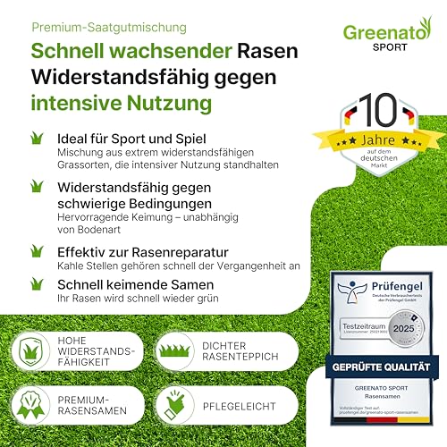 Spiel und Sport Rasensamen Greenato Sport Grassamen 20kg – schnellwachsender Rasensamen Grassamen Rasen lückendicht Spielrasen Samen ideal für Neuansaat extra robuster Rasen - für 800 m² – Bild 2