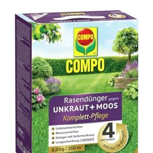 COMPO Rasendünger gegen Unkraut Moos Komplett-Pflege - optimale Nährstoffversirgung - 3 Monate Langzeitwirkung - gegen Moos und Unkraut - 6 kg für 200 m²