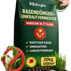 Natureflix Rasendünger mit Unkrautvernichter extra stark | 20kg für 1000m² | 2-in-1 | Der Rasenunkrautvernichter vernichtet Klee, Löwenzahn & mehr | für dichten, grünen Rasen im Frühjahr & Sommer