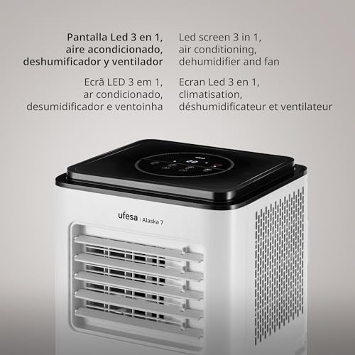 Ufesa Mobiles Klimagerät A7 3in1, Kühlen, Lüften und Entfeuchten, 7000 BTU/Tag, leise, LED Display, 24h Timer, bis zu 12m², Gas R290, Fernbedienung – Bild 6