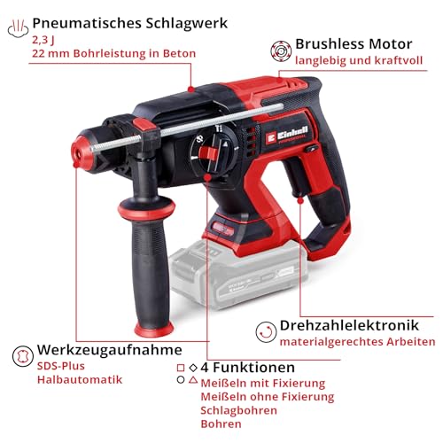 Einhell Professional Akku-Bohrhammer TP-HD 18/22 D Li BL-Solo Power X-Change (18 V, Brushless, 2,3 J, SDS-plus, 22 mm Bohrleistung in Beton, D-Handgriff, Koffer, ohne Akku) – Bild 3