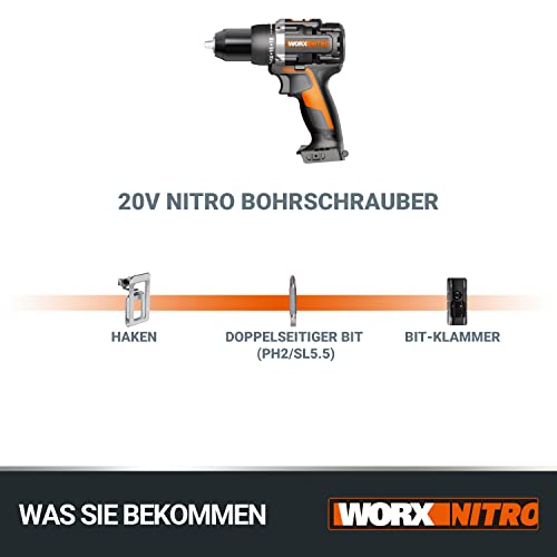 WORX NITRO WX102.9 Akku Bohrschrauber 20V – Bürstenloser Akkuschrauber - 60Nm, 2-Gang-Getriebe und LED-Licht – Akkubohrer zum Bohren & Schrauben - ohne Akku & Ladegerät – Bild 8