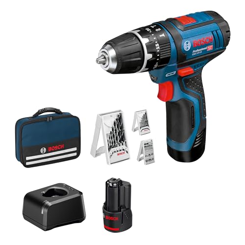 Bosch Professional 12V System Akku Schlagbohrschrauber GSB 12V-15 (Bohr-Ø Holz max: 19 mm, inkl. 2x 2.0Ah Akku Ladegerät, 2x Bohrer-Set, 1x Bit-Set, Werkzeugtasche) - Amazon Exclusive