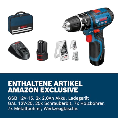 Bosch Professional 12V System Akku Schlagbohrschrauber GSB 12V-15 (Bohr-Ø Holz max: 19 mm, inkl. 2x 2.0Ah Akku Ladegerät, 2x Bohrer-Set, 1x Bit-Set, Werkzeugtasche) - Amazon Exclusive – Bild 5