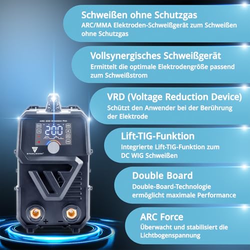STAHLWERK Schweißgerät Vollausstattung ARC 200 Synergic Pro Inverter - MMA/E-Hand & Lift-TIG mit 200 A, vollsynergisch, IGBT-Technologie, Hotstart, Antistick, LCD-Display & VRD-Sicherheitsfunktion – Bild 3