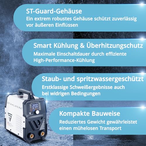 STAHLWERK Schweißgerät Vollausstattung ARC 200 Synergic Pro Inverter - MMA/E-Hand & Lift-TIG mit 200 A, vollsynergisch, IGBT-Technologie, Hotstart, Antistick, LCD-Display & VRD-Sicherheitsfunktion – Bild 4