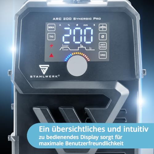 STAHLWERK Schweißgerät Vollausstattung ARC 200 Synergic Pro Inverter - MMA/E-Hand & Lift-TIG mit 200 A, vollsynergisch, IGBT-Technologie, Hotstart, Antistick, LCD-Display & VRD-Sicherheitsfunktion – Bild 6