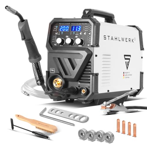 STAHLWERK Schweißgerät 5 in 1 Kombi MIG MAG 200 Puls Pro Inverter - ARC MMA, Fülldraht, Lift TIG, mit 200 A, Puls- & Spot-Funktion, vollsynergisch, IGBT, für Alu, 7 Jahre Garantie