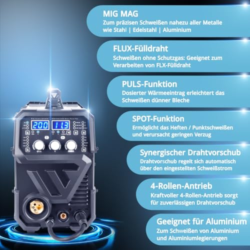STAHLWERK Schweißgerät 5 in 1 Kombi MIG MAG 200 Puls Pro Inverter - ARC MMA, Fülldraht, Lift TIG, mit 200 A, Puls- & Spot-Funktion, vollsynergisch, IGBT, für Alu, 7 Jahre Garantie – Bild 3