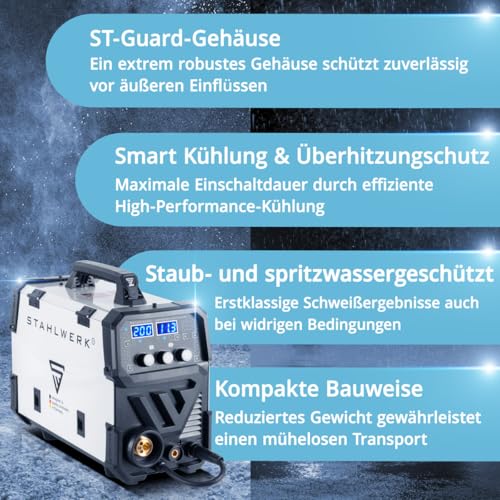 STAHLWERK Schweißgerät 5 in 1 Kombi MIG MAG 200 Puls Pro Inverter - ARC MMA, Fülldraht, Lift TIG, mit 200 A, Puls- & Spot-Funktion, vollsynergisch, IGBT, für Alu, 7 Jahre Garantie – Bild 4