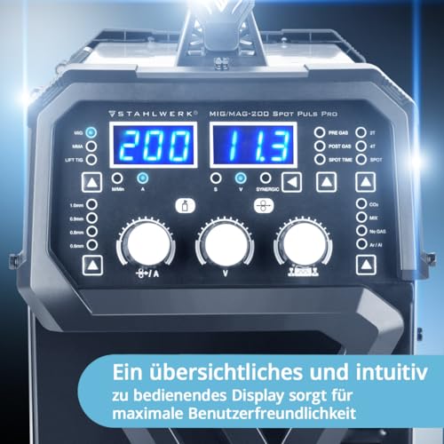 STAHLWERK Schweißgerät 5 in 1 Kombi MIG MAG 200 Puls Pro Inverter - ARC MMA, Fülldraht, Lift TIG, mit 200 A, Puls- & Spot-Funktion, vollsynergisch, IGBT, für Alu, 7 Jahre Garantie – Bild 6