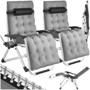 tectake® Sonnenliege klappbar, Liegestuhl, Gartenliege stufenlos verstellbar, Outdoor Sessel für Balkon oder Garten, Liege mit extra Dicker Auflage, Relaxliege belastbar bis 200kg - hellgrau, 2er Set
