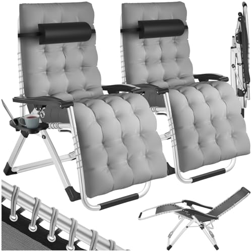 tectake® Sonnenliege klappbar, Liegestuhl, Gartenliege stufenlos verstellbar, Outdoor Sessel für Balkon oder Garten, Liege mit extra Dicker Auflage, Relaxliege belastbar bis 200kg - hellgrau, 2er Set