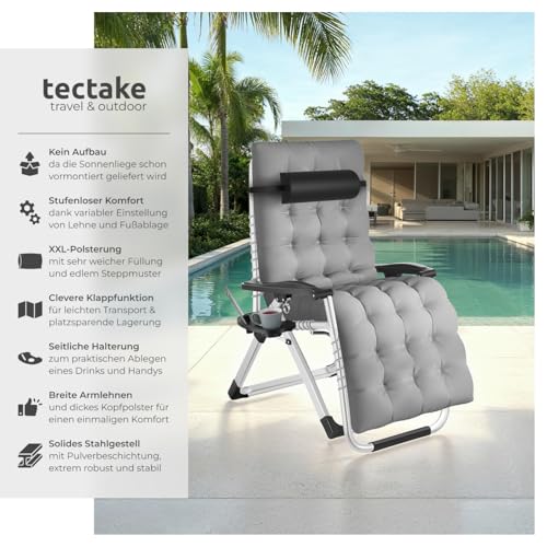 tectake® Sonnenliege klappbar, Liegestuhl, Gartenliege stufenlos verstellbar, Outdoor Sessel für Balkon oder Garten, Liege mit extra Dicker Auflage, Relaxliege belastbar bis 200kg - hellgrau, 2er Set – Bild 3