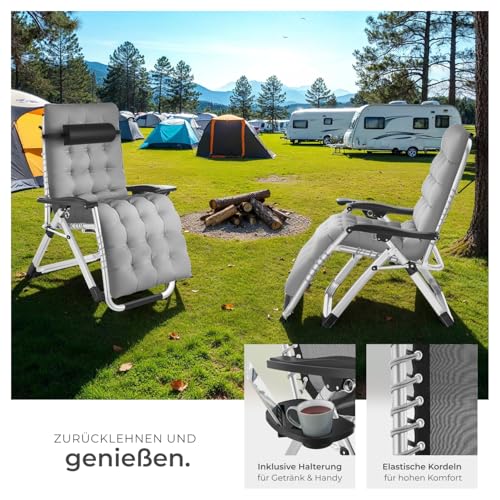 tectake® Sonnenliege klappbar, Liegestuhl, Gartenliege stufenlos verstellbar, Outdoor Sessel für Balkon oder Garten, Liege mit extra Dicker Auflage, Relaxliege belastbar bis 200kg - hellgrau, 2er Set – Bild 5