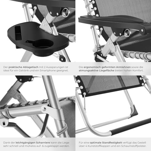 tectake® Sonnenliege klappbar, Liegestuhl, Gartenliege stufenlos verstellbar, Outdoor Sessel für Balkon oder Garten, Liege mit extra Dicker Auflage, Relaxliege belastbar bis 200kg - hellgrau, 2er Set – Bild 6