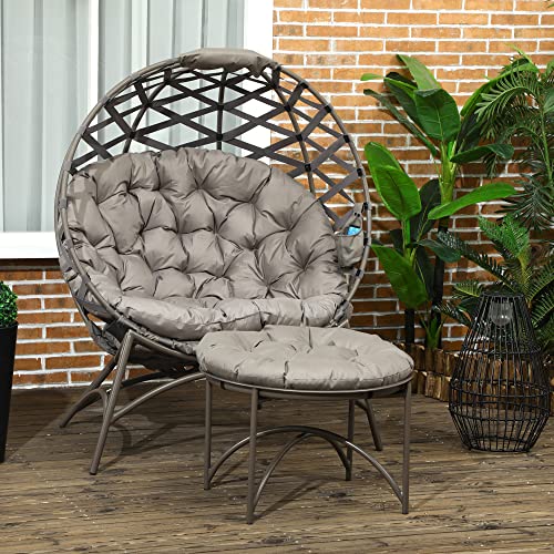 Outsunny 2tlg. Gartenstuhl-Set, Korbstuhl mit Faltbarem Sitzkorb, inkl. 2-in-1-Hocker, Kissen, Loungesessel füt Balkon, Terrasse, Stahl, Sand, 118 x 75 x 142 cm – Bild 2