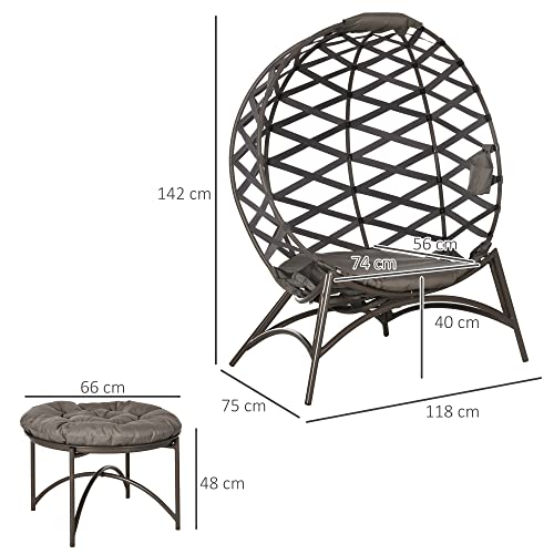 Outsunny 2tlg. Gartenstuhl-Set, Korbstuhl mit Faltbarem Sitzkorb, inkl. 2-in-1-Hocker, Kissen, Loungesessel füt Balkon, Terrasse, Stahl, Sand, 118 x 75 x 142 cm – Bild 3