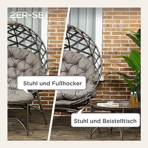 Outsunny 2tlg. Gartenstuhl-Set, Korbstuhl mit Faltbarem Sitzkorb, inkl. 2-in-1-Hocker, Kissen, Loungesessel füt Balkon, Terrasse, Stahl, Sand, 118 x 75 x 142 cm – Bild 4