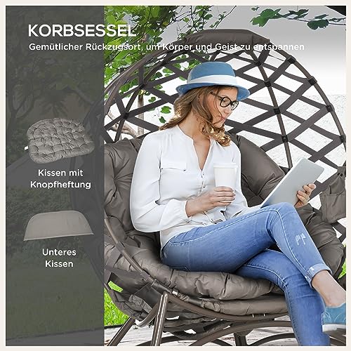 Outsunny 2tlg. Gartenstuhl-Set, Korbstuhl mit Faltbarem Sitzkorb, inkl. 2-in-1-Hocker, Kissen, Loungesessel füt Balkon, Terrasse, Stahl, Sand, 118 x 75 x 142 cm – Bild 5