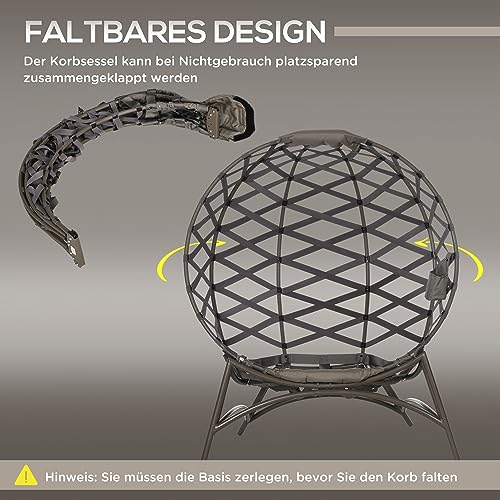 Outsunny 2tlg. Gartenstuhl-Set, Korbstuhl mit Faltbarem Sitzkorb, inkl. 2-in-1-Hocker, Kissen, Loungesessel füt Balkon, Terrasse, Stahl, Sand, 118 x 75 x 142 cm – Bild 6