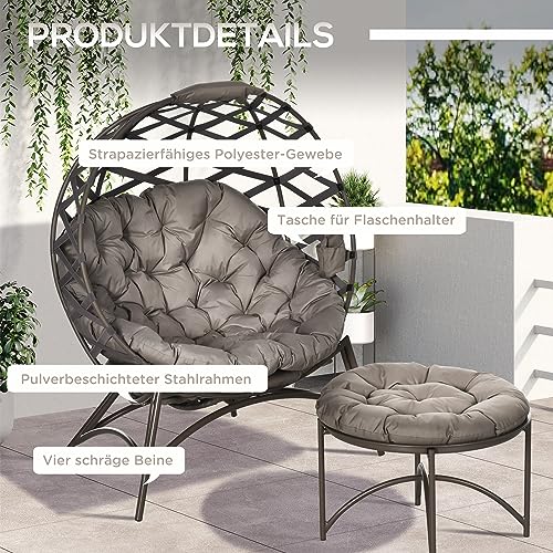 Outsunny 2tlg. Gartenstuhl-Set, Korbstuhl mit Faltbarem Sitzkorb, inkl. 2-in-1-Hocker, Kissen, Loungesessel füt Balkon, Terrasse, Stahl, Sand, 118 x 75 x 142 cm – Bild 7