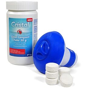 Cristal Chlor-Langzeit-Tabs 20 g Dosierschwimmer | Langsam lösliche Chlortabs zur Langzeitdesinfektion | Sehr hoher Aktivchlorgehalt | Dosierung über Skimmer Stabilisator | 1 Kg
