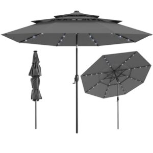 COSTWAY 300 cm Sonnenschirm mit LED-Solar-Beleuchtung, Gartenschirm windfest stabil, Terrassenschirm mit Kurbel, beidseitig um 35° knickbar, Balkonschirm, Marktschirm für Garten, Balkon (Anthrazit)