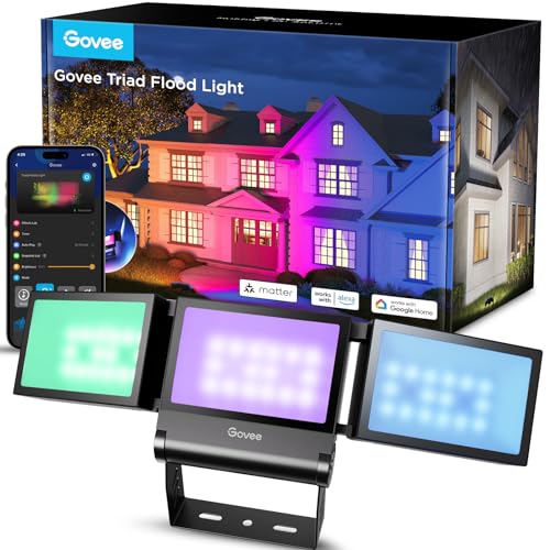 Govee Outdoor Triade LED Strahler, RGBIC Fluter Außen mit 4500LM Warmweiß und Kaltweiß, Aluminiumlegierung, IP66 Wasserdicht, Smart Flood Lights Funktioniert mit Matter, Alexa & Google Assistant