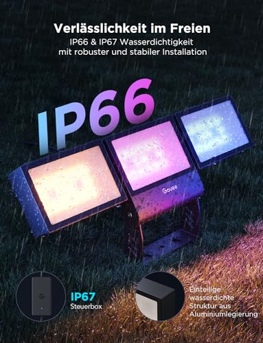 Govee Outdoor Triade LED Strahler, RGBIC Fluter Außen mit 4500LM Warmweiß und Kaltweiß, Aluminiumlegierung, IP66 Wasserdicht, Smart Flood Lights Funktioniert mit Matter, Alexa & Google Assistant – Bild 4