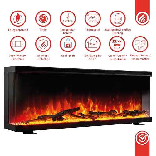 KAMINIO Elektrokamin LEA - Elektrischer 3-in-1 Kamin mit Panoramaview, Heizung, 3D-Flammeneffekt, 12 Flammenfarben, Fernbedienung (42 Zoll) – Bild 5
