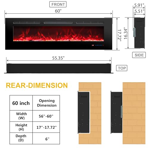 Rodalflame152cm/ 60" Elektrokamin, Einbau- und Wandkaminheizung für den Innenbereich mit Fernbedienung, 13 Farbflammen mit Holz & Kristall, 9H Timer – Bild 2