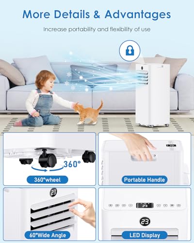 Mobiles Klimagerät - 7000BTU Klimaanlage Mobil mit Abluftschlauch, Kühl-/Ventilations-/ Entfeuchtungs-/Schlafmodus Alle-in-1, Digitalanzeige & Fernbedienung, 360° Rollen, 24H Timer, inkl. Fenster-Kit – Bild 7