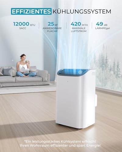 EUHOMY Mobile Klimaanlage 12000 BTU mit Abluftschlauch | 3-in-1 Mobiles Klimagerät: Kühlen, Entfeuchten, Ventilieren | 4-Stufen-Lüfter | 410 m³/h | Energieeffizienzklasse A | <50 dB | 24h-Timer – Bild 2