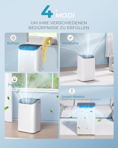 EUHOMY Mobile Klimaanlage 12000 BTU mit Abluftschlauch | 3-in-1 Mobiles Klimagerät: Kühlen, Entfeuchten, Ventilieren | 4-Stufen-Lüfter | 410 m³/h | Energieeffizienzklasse A | <50 dB | 24h-Timer – Bild 3