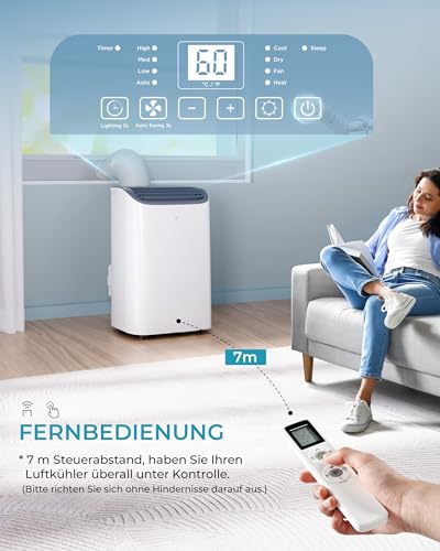 EUHOMY Mobile Klimaanlage 12000 BTU mit Abluftschlauch | 3-in-1 Mobiles Klimagerät: Kühlen, Entfeuchten, Ventilieren | 4-Stufen-Lüfter | 410 m³/h | Energieeffizienzklasse A | <50 dB | 24h-Timer – Bild 4