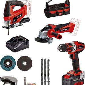 Einhell Akku-Bohrschrauber TE-CD 18/40 Li Akku-Winkelschleifer TC-AG 18/115 Li Akku-Stichsäge TC-JS 18 Li Power X-Change (18 V, inkl. 1x 4,0 Ah Akku, Ladegerät, Zubehör, Tasche)