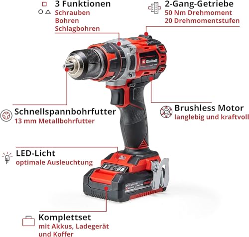 Einhell Professional Akku-Schlagbohrschrauber TP-CD 18/50 Li-i BL Kit Power X-Change (18 V, Brushless, 50 Nm, Schlagbohrfunktion, inkl. 2x 2,0 Ah Akkus Ladegerät) – Bild 3