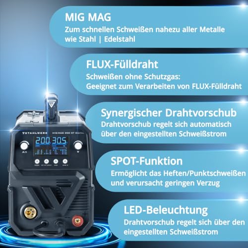 STAHLWERK Schweißgerät MIG MAG 200 ST - Digital, kompakt & leistungsstark, Inverter mit 200 A, Schutzgas-, FLUX- und MMA/ARC-Schweißen, Spot-Funktion, synergischer Drahtvorschub – Bild 3