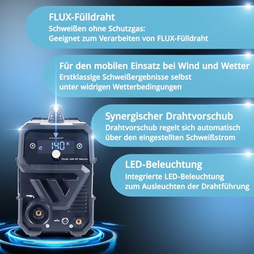 STAHLWERK Schweißgerät FLUX 140 ST Digital mit 140 A Vollausstattung, synergischem Drahtvorschub, Lift-TIG und ARC/MMA Funktion zum Schweißen ohne Schutzgas – Bild 3