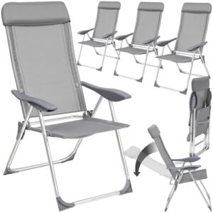 tectake® 4er Set Gartenstuhl Hochlehner, Gartenstühle, Essstühle Aluminium, Klappstuhl 5-Fach verstellbar mit Armlehnen, Sessel mit Liegefunktion, Gartenmöbel, Möbel für Terrasse und Camping - grau