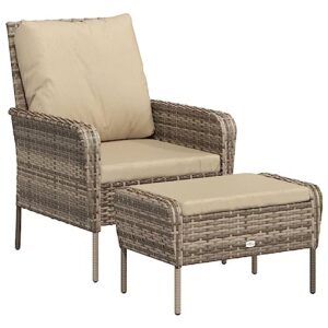 vidaXL Gartenstuhl, Gartensessel mit Fußhocker Kissen, Stuhl mit Armlehnen Rückenlehne, Gartenmöbel Sessel Stahlrahmen, Hellbraun Poly Rattan